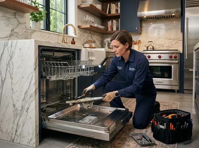 Appliance Repair Hero technician servicing a built-in dishwasher in a Bluemont, VA kitchen