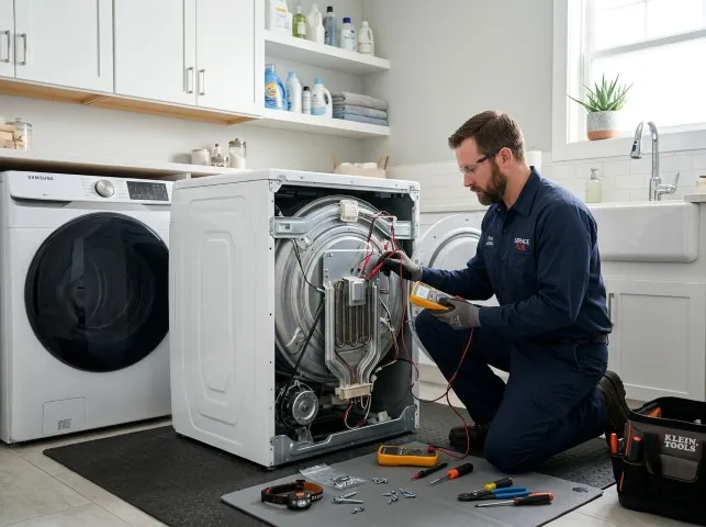 Appliance Repair Hero technician checking a dryer heating element with the rear panel off in Bluemont, VA