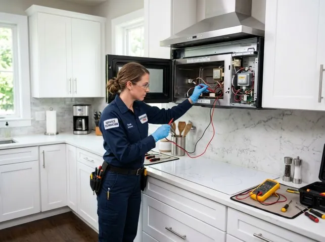 Appliance Repair Hero technician testing an over-the-range microwave in a Bluemont, VA kitchen