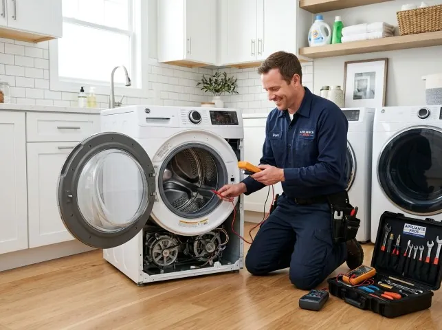 Appliance Repair Hero technician testing a front-load washer with a multimeter on a Bluemont, VA service call
